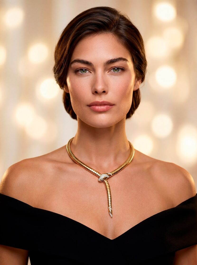 Esempio campagna collana Bulgari con modella AI